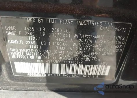 2012 Subaru Outback 2.5I Premium from USA, damaged, VIN 4S4BRCCCXC3300844